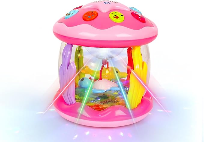 M SANMERSEN Baby Girl Toys 6-12 Months - Babies Ocean Rotating Projector Light Up Musical Toys for 12-18 Months Crawling Learning Tummy Time 1 2 Years Old Infant Boys Girls Pink