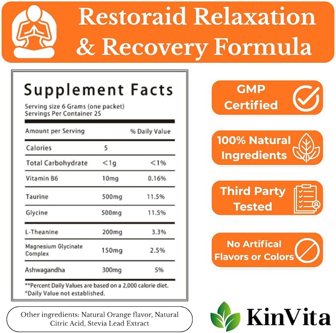 Restoraid Relaxation Drink Mix – 25 Packets | Magnesium, L-Theanine, Ashwagandha, Taurine, Glycine | Calming & Relaxing Supplement (Orange)