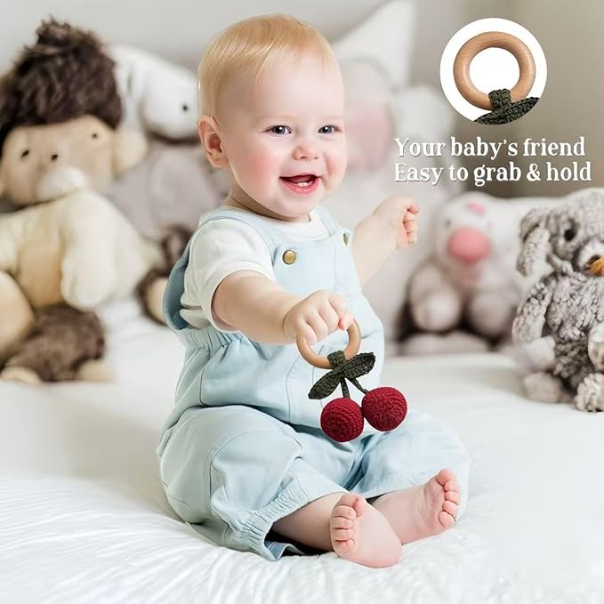 Wooden Baby Rattle Toys Stuffed Crochet Rattle with Teether Ring for Newborn Babies Fruit Wooden Teether Toy Infant Toddler Handcrafted Crochet Rattles Cute Shower Gifts for Boy and Girls