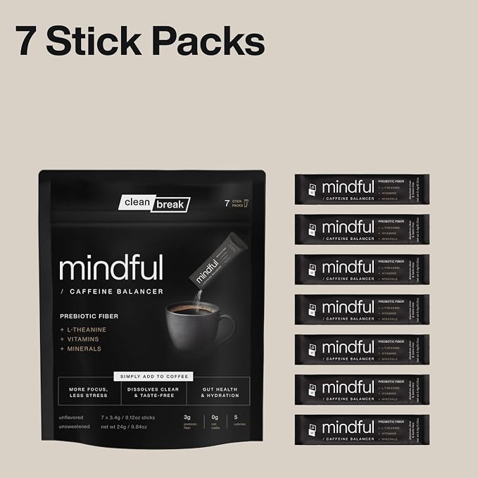 Mindful Tasteless Prebiotic Fiber for Your Coffee - Enhanced with L-Theanine, Magnesium, B Vitamins - Dissolves Clear & Taste-Free - Unflavored, Unsweetened (7 Count)
