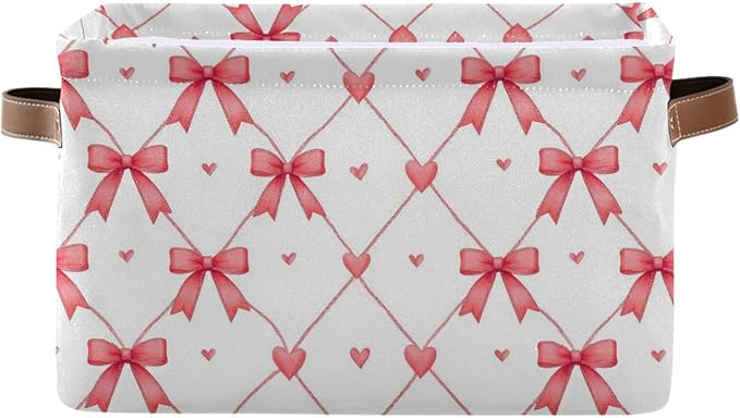 Aslsiy Storage Basket Watercolor Pink Bows Hearts Nursery Bins Baby Canvas Box Clothes Shelf Basket Laundry Hamper 2 Pcs