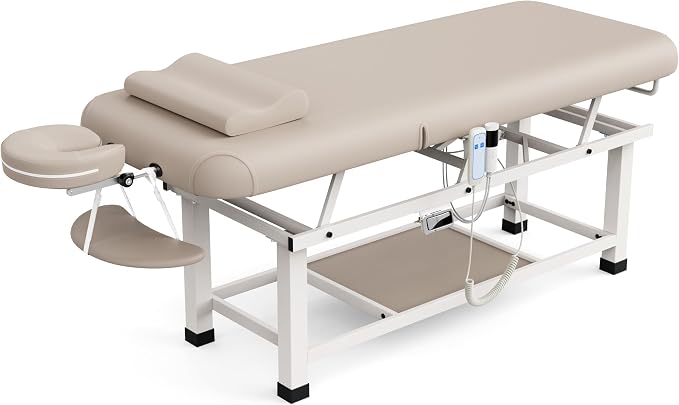 Olela Electric Massage Table with Heated Function- Heated Massage Table with Electric Lift & Manual Adjustable Backrest, Treatment Table with Storage and Metal Frame for Massage, Spa So On