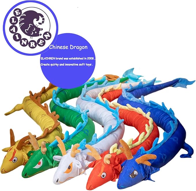 ELAINREN Blue Long Chinese Dragon Stuffed Toy Realistic Dragon Shape Plush Pillow Ultra-Soft China New Year Plushie Dragon Lion Gifts Decor/86.6''