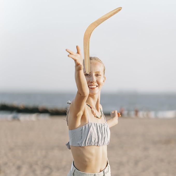 Kisangel 1pc Wooden Boomerang for Adults, 14.17 Inch Large Throwers Boomerang Outdoor Flying Toy for Family Fun Active Play, Synthetic Material, Beige,