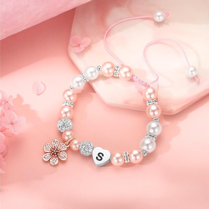 MONOOC Valentines Gifts for Kids Girls - Initial Flower Charm Bracelets for Girls, Adjustable Pearl and Rhinestone Beaded Bracelet Heart Initial Bracelets Jewelry for Flower Girl Gift Birthday Gifts