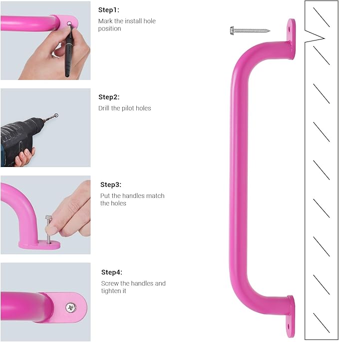 ESPETS 17 Inch 6 Pieces Pink Metal Safety Handles for Playground Equipment - Swing Set Attachment Grab Handle, Playset Accessories Hand Grips, Indoor Kids Monkey Bars for Ceiling