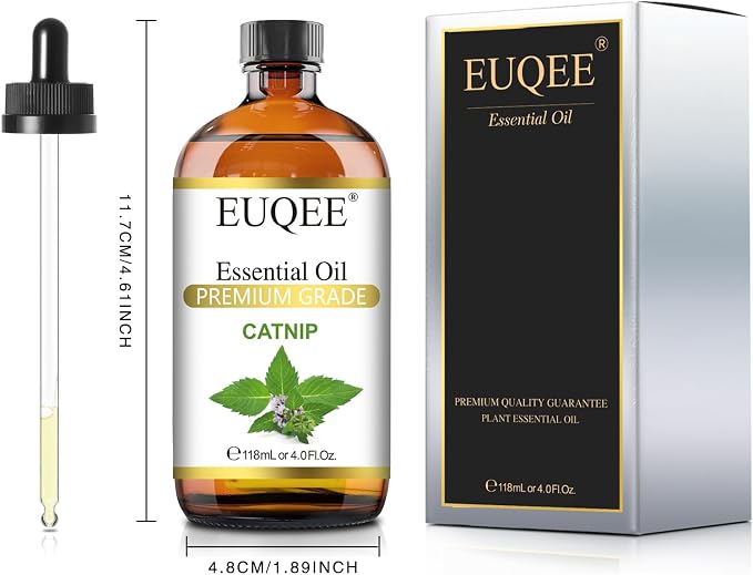 EUQEE 118ML Catnip Essential Oil, Fresh Herbal Aroma Catnip Essential Oil with Glass Dropper Great for Air Refresher, Massage, Diffuser, DIY Soap, Candle Making, Aromatherapy, Sleep