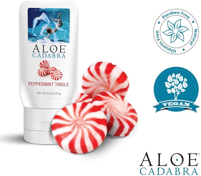 Aloe Cadabra Flavored Personal Lubricant & Vaginal Moisturizer, NSF Certified Organic Edible Aloe Lube for Men, Women & Couples, Non-Staining, pH Balanced, Toy Compatible (Peppermint, 2.5oz, 3 Pack)