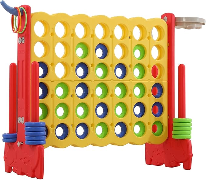 UNICOO Giant 4-in-A-Row with Carry Bag, Ring Toss, Basketball Hoop - Large Outdoor Game for Family Fun - Big Jumbo Game Set for Backyard Parties, BBQs, and Gatherings (Red + Yellow)