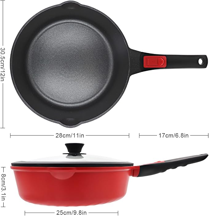12 Inch Deep Frying Pan with Lid, Large Nonstick Skillet, 5 Qt Saute Pan with Detachable Handle, Compatible with All Stoves, Induction Ready, Oven Safe, PFOA Free, Red