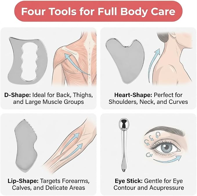 4-in-1 Stainless Steel Gua Sha Tool Set, Gua Sha Facial Tools, Fascial Massager for Deep Tissue Relief, Facial Contouring & Puffiness Reduction