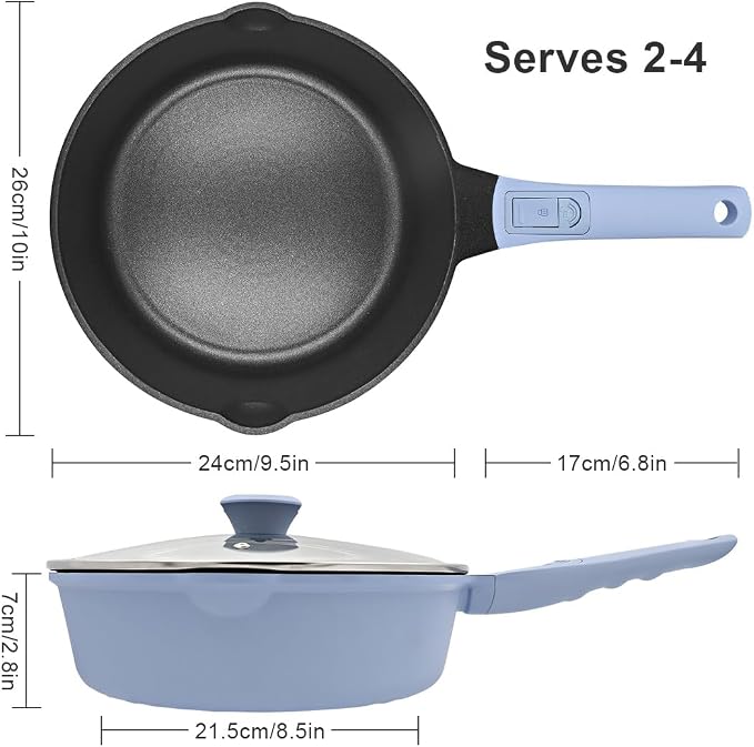 10 Inch Deep Frying Pan Skillet Nonstick with Lid, 4 QT Non Stick Saute Pan, Non Toxic Cookware, Induction Compatible, Detachable Handle, Oven Safe, PTFE & PFAS-Free, Blue