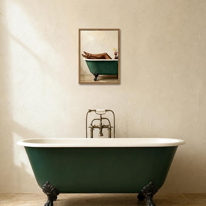 Black Woman Green Bathtub Wall Art Modern Luxury Bathroom Wall Decor Painting, Vintage Afrocentric Girl Bathroom Poster Canvas Print Picture 16x24 inch Wood Framed