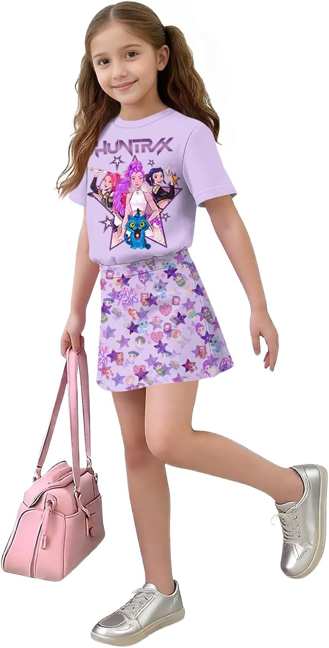 HTHLVMD K Pop Short Sleeve T-Shirt and Skirts Outfits Set for Girls Hunters Rumi Mira Zoey Graphic Tees De-Mon Costume
