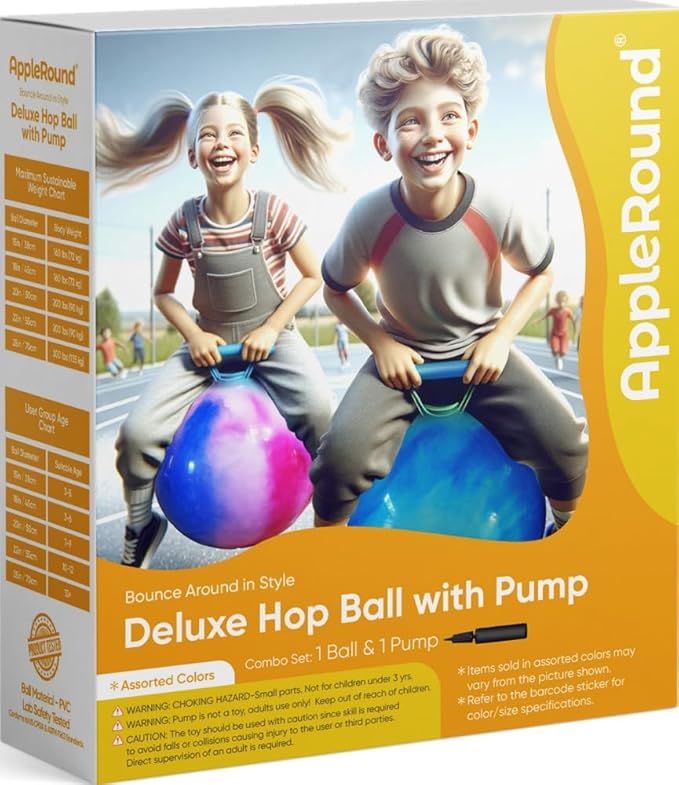 AppleRound Hippity Hoppity Hopball with Pump – Sit-On Bouncy Exercise Ball with Handle, 18 inch / 45 cm for Kids Ages 3-7, Cloud Colors (Green)