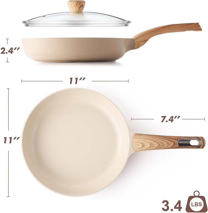 SENSARTE 11inch Ceramic Nonstick Frying Pan Skillet with Lid, Taupe | Non Stick Omelet Pans, Non-toxic Healthy Kitchen Cooking Chefs Pan, PFOA/PFAS/PTFE Free, Induction Compatible