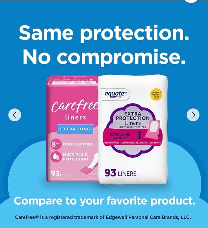 Equate Extra Protection Panty Liners, Extra Long, 93 Count | Individually Wrapped, Odor Control, 8.3" Length, Unscented, Active Coverage Adhesive