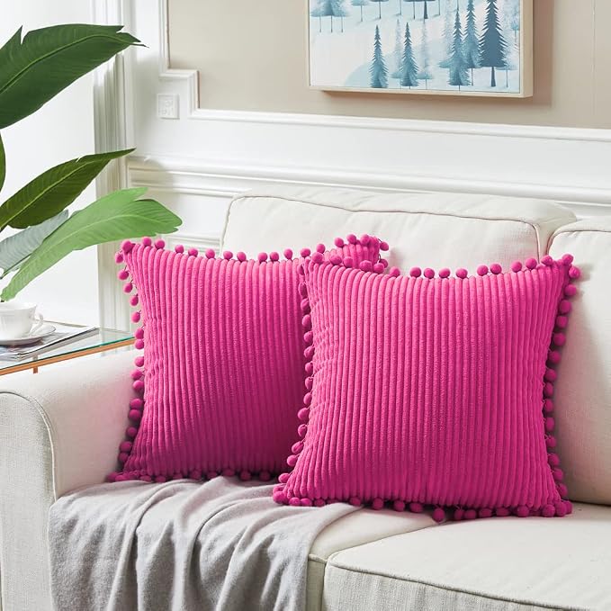 Fancy Homi Pack of 2 Corduroy Soft Decorative Throw Pillow Covers with Pom-poms, Solid Square Cushion Case Pillow Cases Set for Couch Sofa Bedroom Car Living Room (20"x20", Hot Pink)