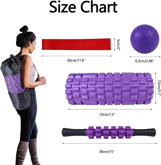 JOYENERGY 5 in 1 Foam Roller Set, Trigger Point Foam Roller Patented, Massage Roller Stick, Massage Ball, Stretching Strap for Deep Tissue Massager for Muscle Pilates Yoga Whole Body
