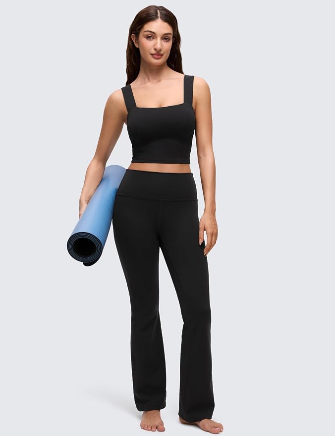 CRZ YOGA Butterluxe Wide Straps Square Neck Crop Tank Tops for Women - Padded Workout Yoga Longline Sports Bras