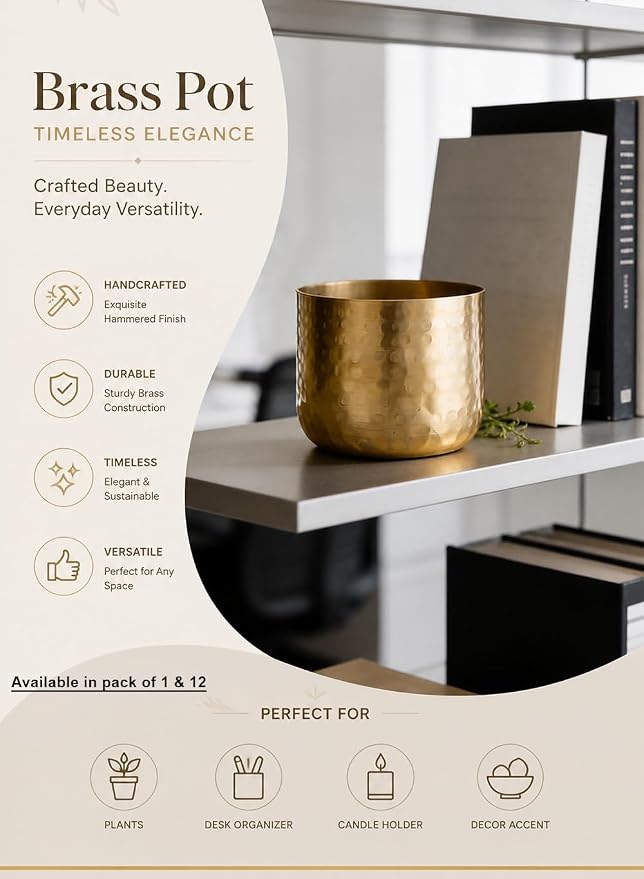 Serene Spaces Living Antique Brass Look Gold Hammered Pots: Stylish Indoor Planter, Decorative Accent for Potted Plants, Gold Flower Vase for Wedding, Extra Small, Set of 12