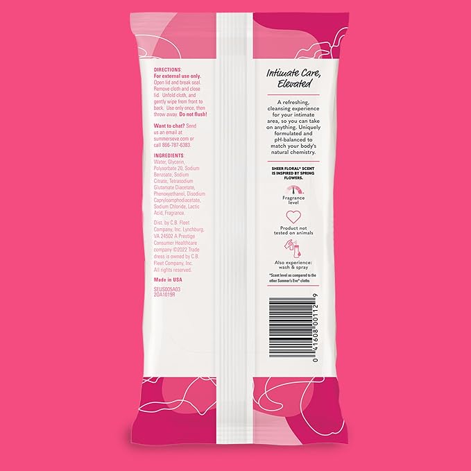 Summer's Eve Sheer Floral Feminine Wipes, Gentle pH-Balanced Formula Helps Control Vaginal Odor, Resealable Pack, 32 Wipes, (Pack of 12)