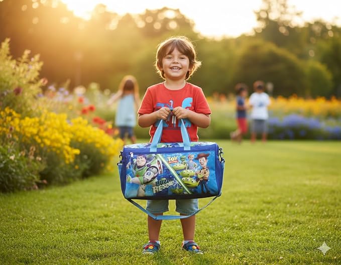 Disney Pixar Toy Story Kidsโ Duffle Bag โ Buzz Lightyear, Woody & Friends Travel Gym Bag with Adjustable Strap