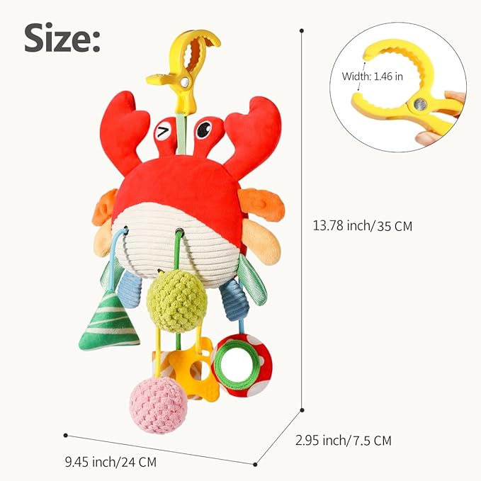 Baby Activity Hanging Toy, Soft Plush Crab Sensory Toys with Rattle & Textures, Baby Stroller Toy, Toy for Car Seat and Crib, Early Educational Toys for Infant Boys and Girls