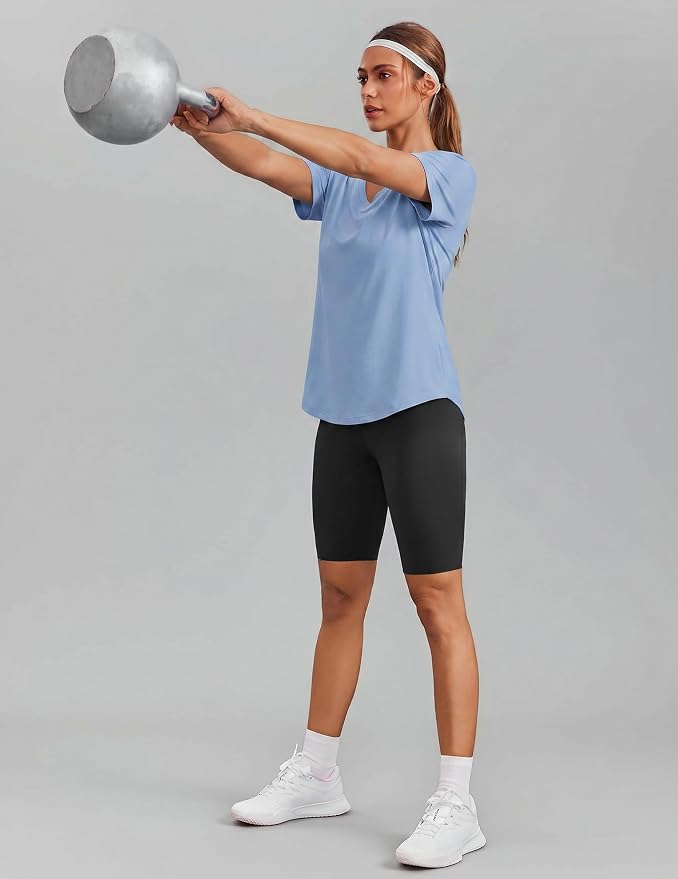 PINSPARK Soft Workout Tops for Women Short Sleeve V Neck Moisture Wicking UPF 50+ Sun Protection Quick Dry Gym Shirts