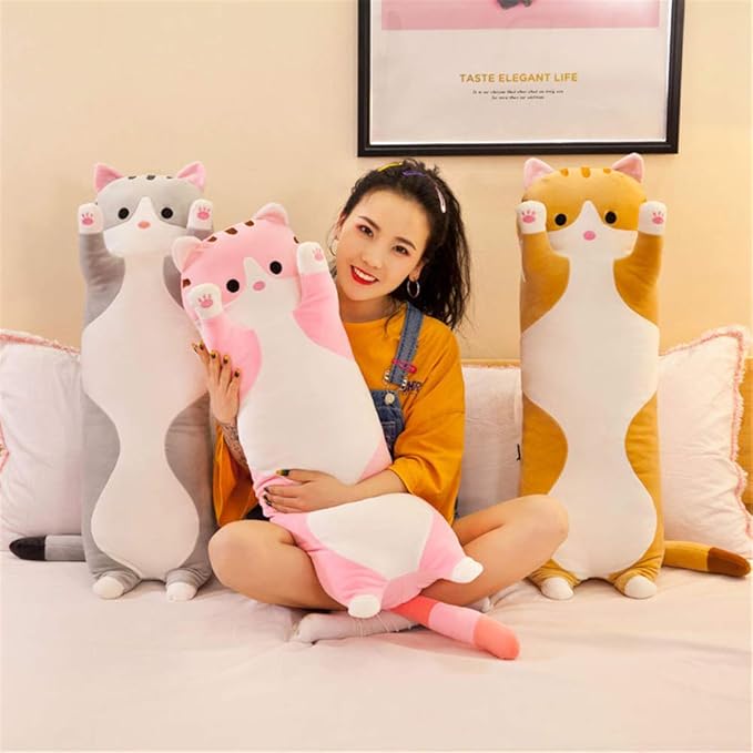 shangman Lovely Plush Cat Doll Cute Cartoon Soft Stuffed Kitten Pillow Long Throw Sleeping Pillow Doll Toy Gift for Kids Girlfriend Multiple Size (Pink,130cm/51.1in)