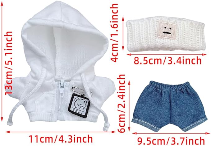 niannyyhouse 10cm-15cm Plush Doll Clothes Headband Coat Jeans Compatible with 17cm Labubu Doll (White+Blue)
