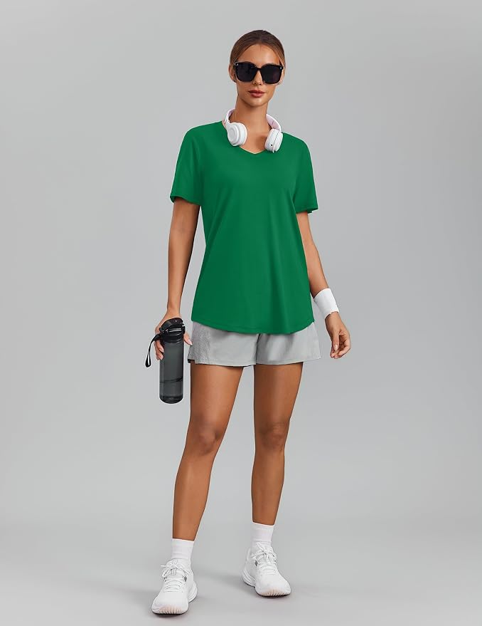 PINSPARK Soft Workout Tops for Women Short Sleeve V Neck Moisture Wicking UPF 50+ Sun Protection Quick Dry Gym Shirts