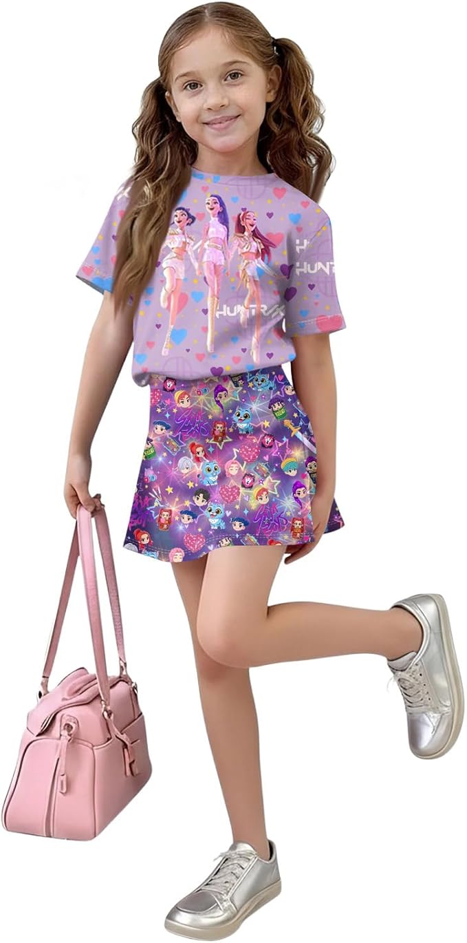 HTHLVMD K Pop Short Sleeve T-Shirt and Skirts Outfits Set for Girls Hunters Rumi Mira Zoey Graphic Tees De-Mon Costume