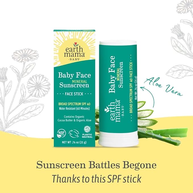 Earth Mama Baby Face Mineral Sunscreen Stick SPF 40-0.74 oz - Non-Nano Zinc - Broad Spectrum Sunscreen for Babies, Kids & Family - Water Resistant Sun Protection