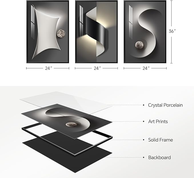 Framed Modern Black and White Abstract Wall Art for Living Room, Large 3 Piece Bright Style Silvery Artwork for Walls, Luxury Painting Prints for Dining Room Hallway Office Wall Decor, 24x36 In