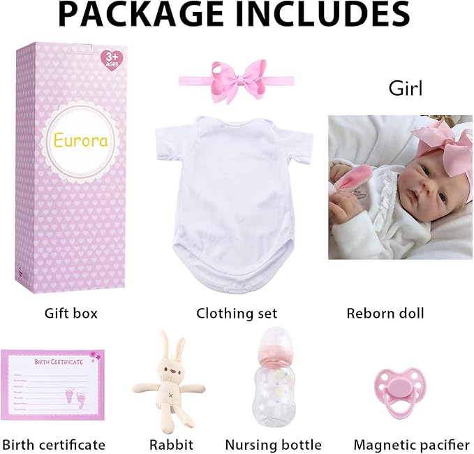 EURORA Reborn Baby Dolls Girl 18 Inch Vinyl Silicone Body, Sweet Girl Reborn Baby Dolls with Clothes and Bottles Gift for Kids Age 3+