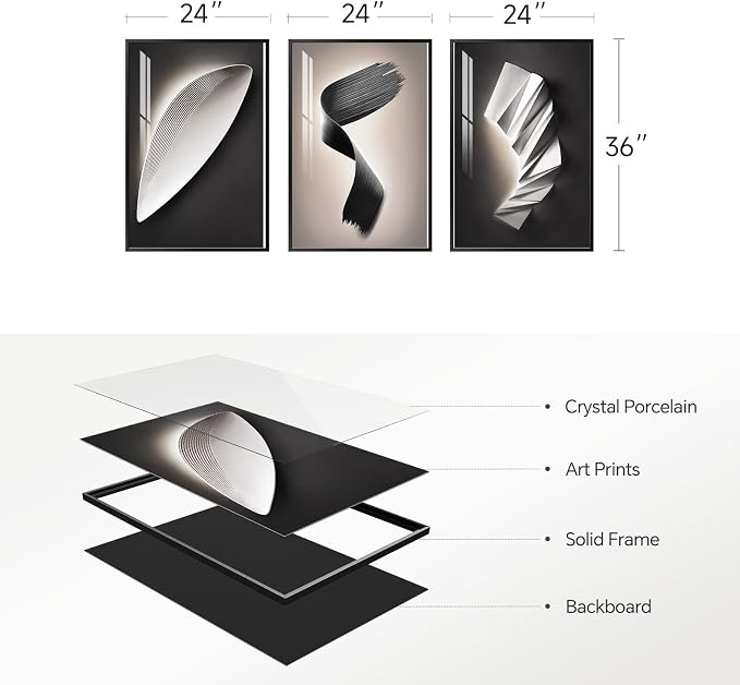 Large Framed Modern Wall Art for Living Room, 3 Piece Black and White Abstract Contemporary Pictures Artwork Decor, Geometric Luxury Bright Style Prints Paintings for Hallway and Office 24x36 Inch