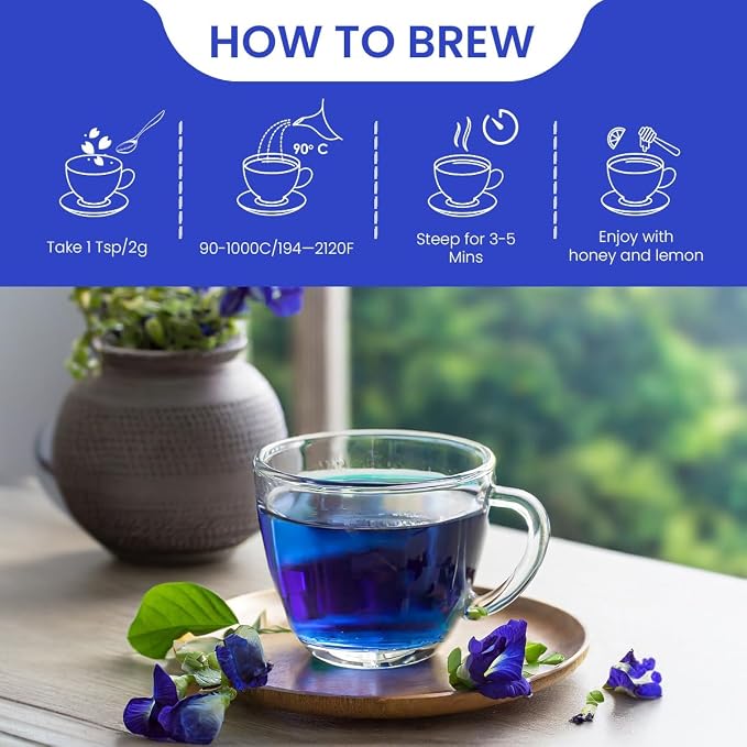 BLUE TEA - Butterfly Pea Flower Tea - 3.52 Oz (250+ Cups) Loose | Antioxidant Rich | Chemical Free - Caffeine Free - Detox Tea - Flower Based - Non Bitter | Zipper Packaging