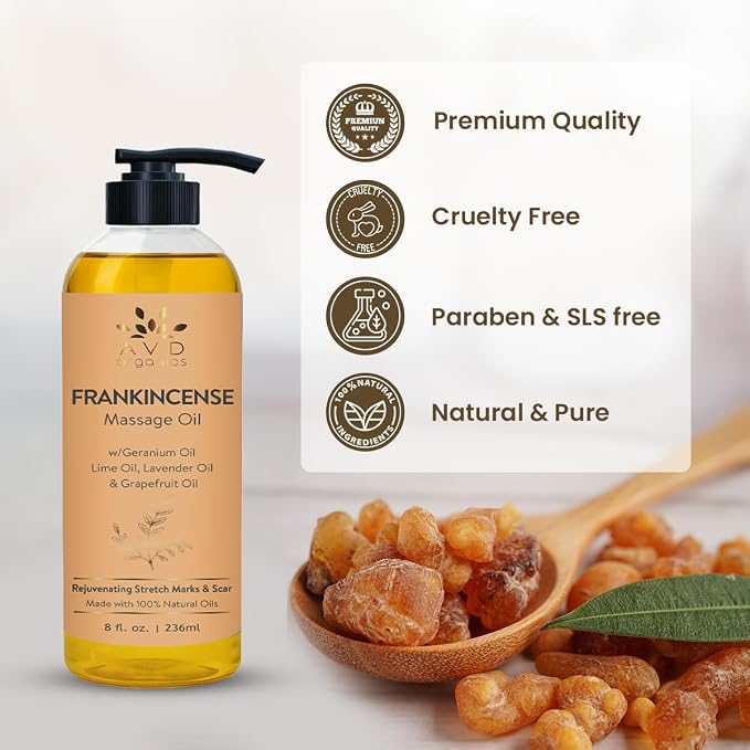AVD Organics Frankincense Massage Oil 236ml | Invigorating Refreshing and Soothing Massage | Made with Natural Oils | Ideal for Both Men and Women 8 fl oz