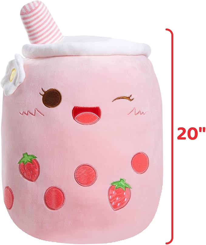 Athoinsu Pink Strawberry Boba Tea Plush Pillow 20'' Giant Kawaii Stuffed Bubble Animal Toy Birthday Christmas Holiday Valentines Gifts for Kids,Girls,Boys