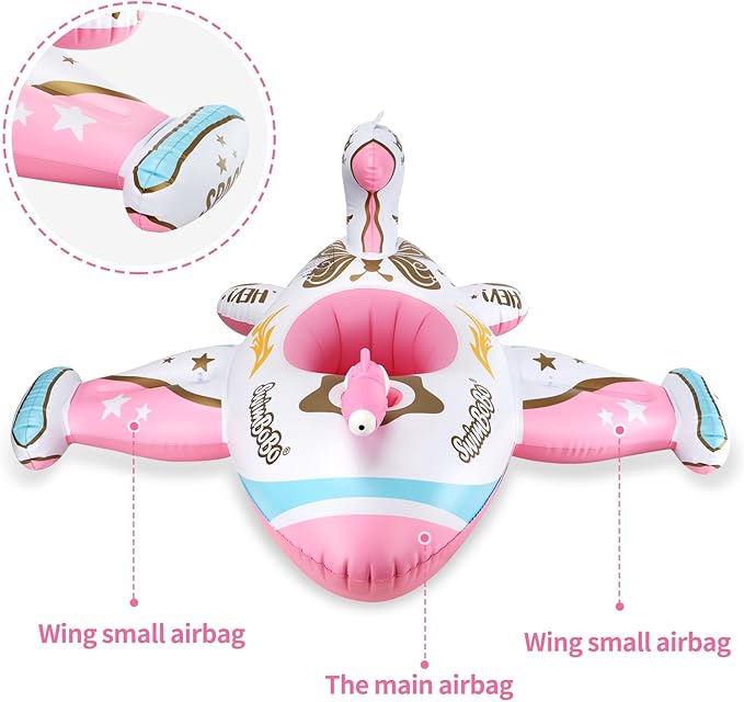 Swimbobo Toddler Pool Float Inflatable Car Baby Swim Float with Adjustable Sun Canopy and Safety Seat Pool Toys for Kids 3+ Years Old(Pink Airplane)