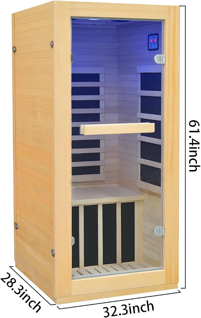 Sauna, Infrared Saunas for Home, Low EMF Indoor Sauna Room Dry Sauna Wood Build Hemlock 1 Person Sauna with Tempered Glass Door/Speakers/Air Hole -Single Person Sauna 32.3 * 28.4 * 61.4"