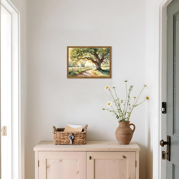 Framed Vintage Tree Landscape Wall Art, Watercolor Country Road Nature Wall Decor Paintings, Rustic Countryside Pictures Canvas Prints Aesthetic Home Decor for Living Room Bedroom Bathroom 16x24 inch