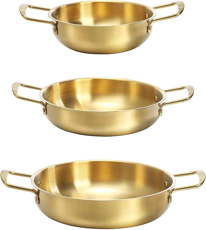 Set Of 3 Korean Ramen Noodle Pot, 7/8.5/9.5 In, Gold, Stainless Steel, No Lid, 24 Centiliters, 2.5 Pounds Max, Brushed Finish, Suitable For Stovetop