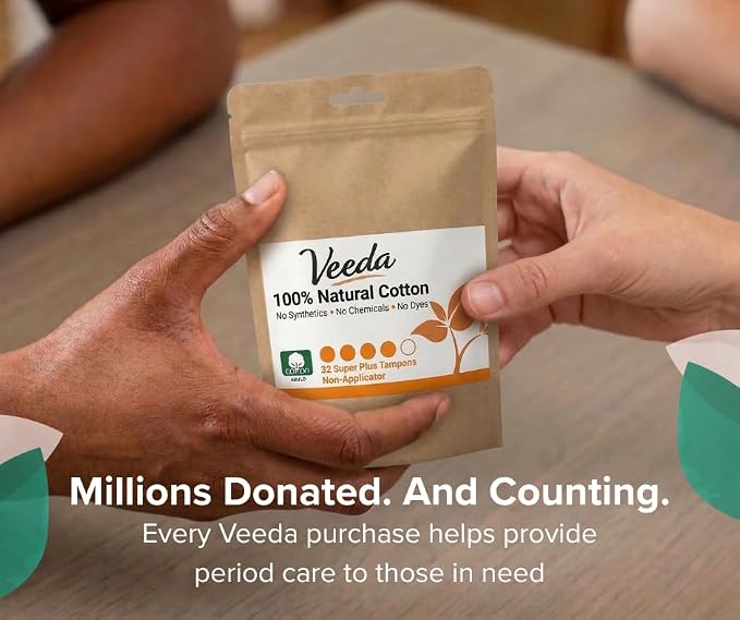 Veeda 100% Natural Cotton Compact Tampons Super Plus Absorbency - Non-Applicator Tampons with leak proof protection - Unscented, Chlorine & Toxin Free - 96 Count