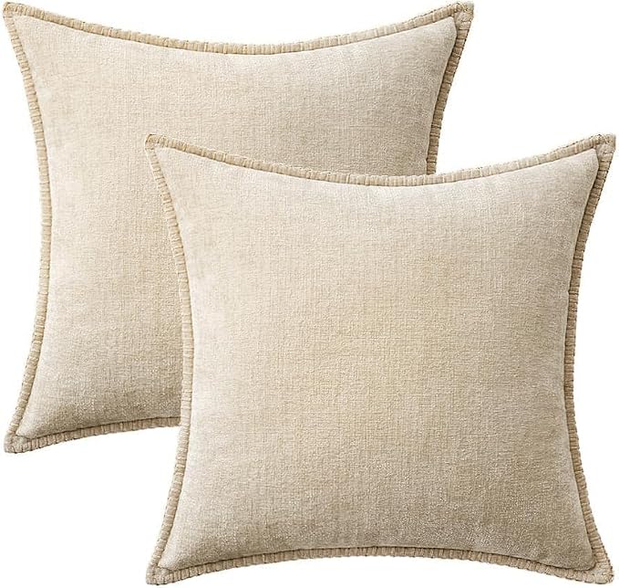 MIULEE Decorative Euro Sham Pillow Covers 26x26 Inch Beige 2 Pack | Neutral Farmhouse Throw Pillow Covers with Stitched Edge, Soft Chenille Cushion Cases, for Couch Sofa Bed Living Room