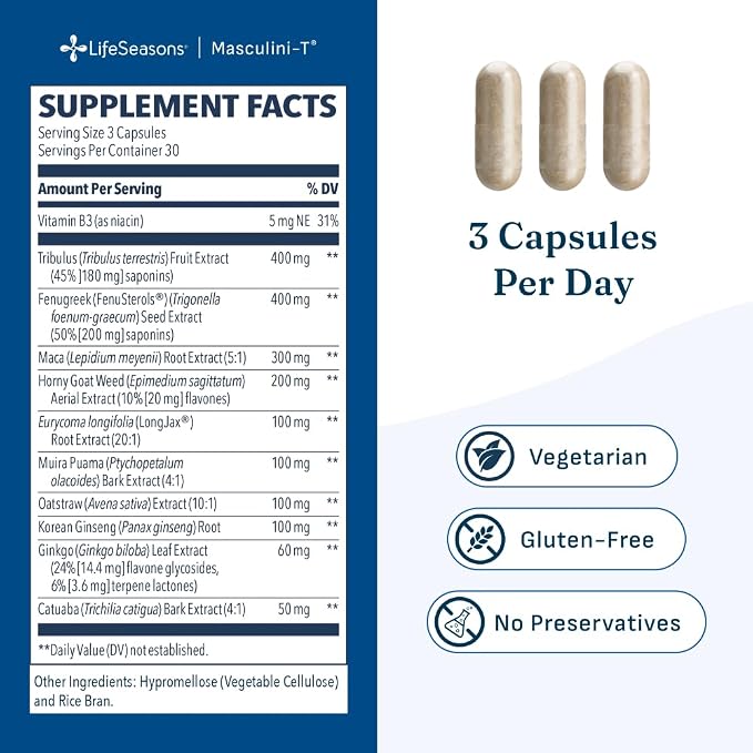LifeSeasons Masculini-T - Testosterone Support Supplement - Enhances Mental & Physical Aspects of Sexual and Athletic Performance - Supports Normal Erectile Function - Improve Libido - 180 Capsules