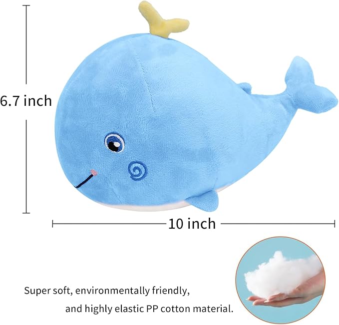 Squirting Whale Stuffed Animals Plush Pillow Cute Soft Cotton Plushies Pillows Kawaii Whale Toy Decor Gifts for Kids Boys Girls Adults (Blue, 10 Inch