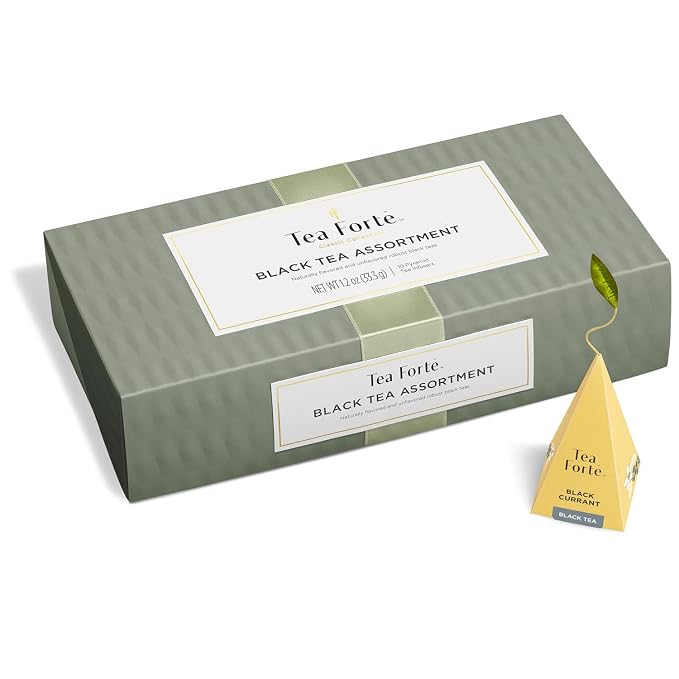 Tea Forte Premium Petite Presentation Box Gift Set Sampler, 10 Count, 2 of Each Blend Individually Wrapped Handcrafted Pyramid Infuser Bags, Black Variety