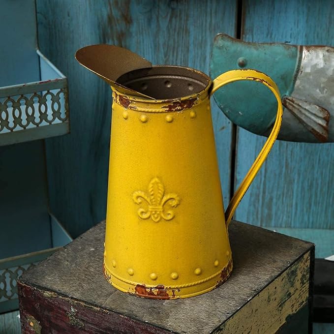 French Style Shabby Chic Vase Metal Flower Vase Vintage Jug Rustic Farmhouse Decor for Home, Yellow